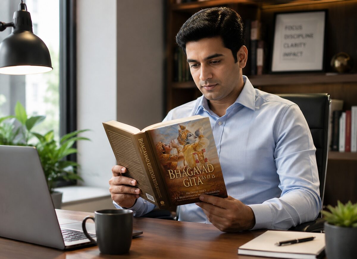 A professional reading Bhagavad Gita As It Is at a workspace